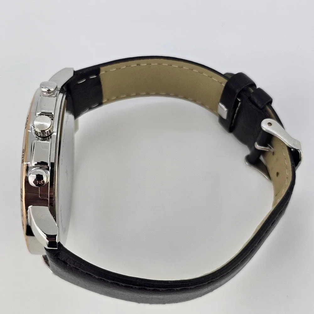 48MM Men's Analog Watch Black Dial Black Faux Leather Bands New‎ Battery